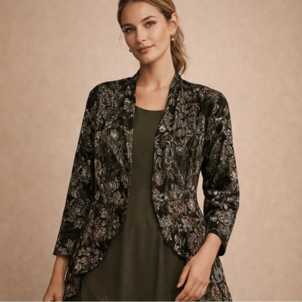 Chico’s Metallic Floral Open Front Jacket Olive Sheer Layer Top Size 1